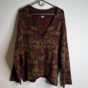 Peruvian Connection Vintage Leaf Print Knit Cardigan Sweater XL Pima Cotton